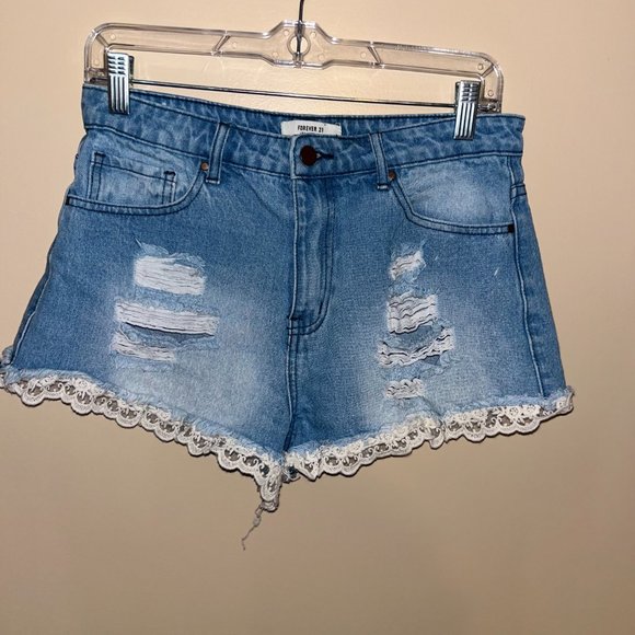 Forever 21 Distressed Crochet Lace Hem Denim Shorts - Picture 2 of 5